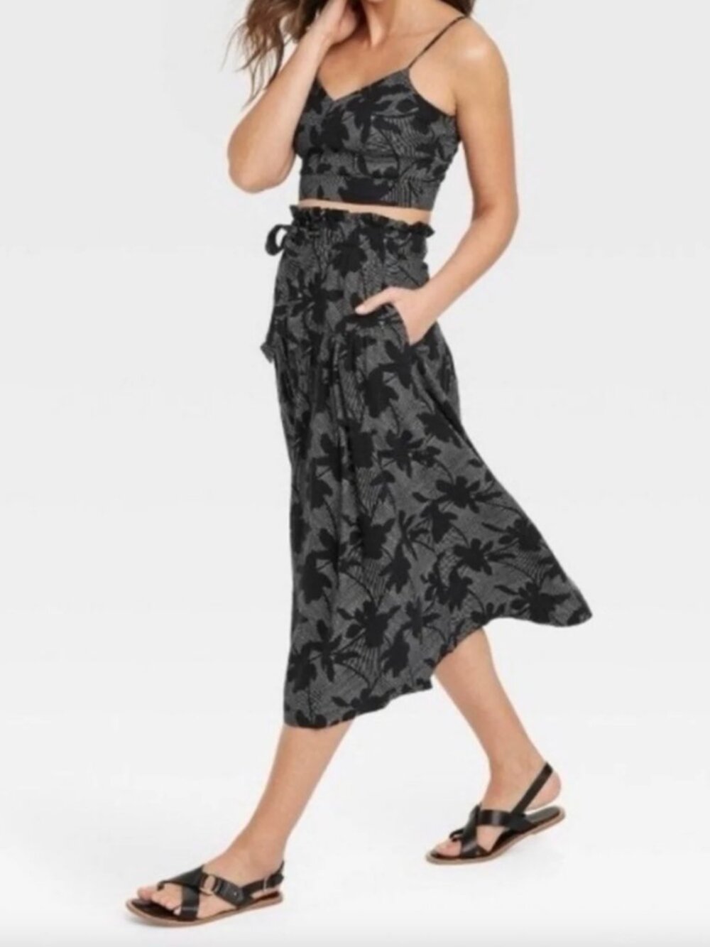 Universal Thread Black Floral Linen Blend Tie Waist Midi Skirt Size S
